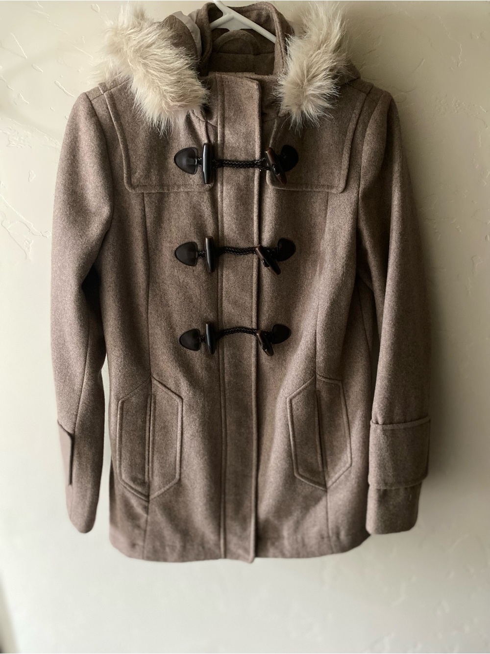 Taupe Hooded Toggle with Zipper Pea Coat with Faux Fur Trim